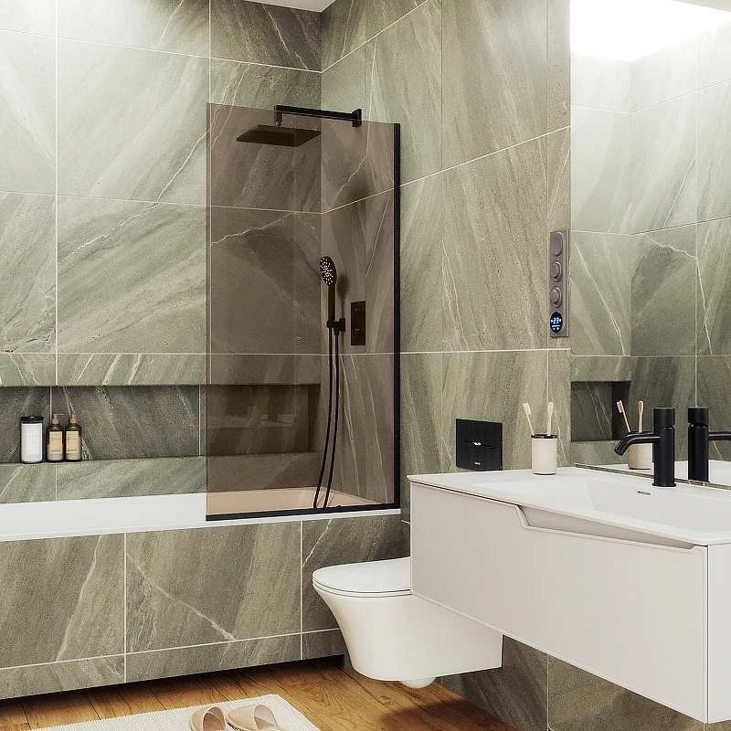 Шторка на ванну Maybah Glass MGV-67-6у 500x1400 в узком профиле Черный стекло бронзовое