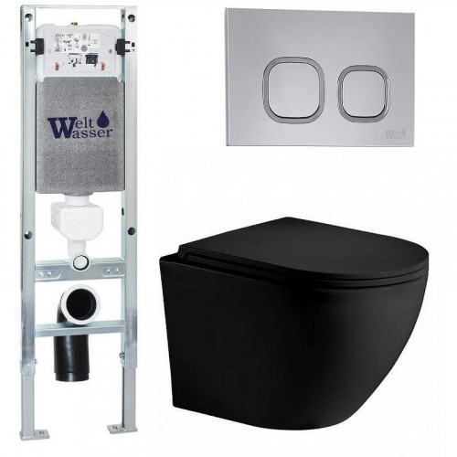 Комплект унитаза с инсталляцией WeltWasser AMBERG 350 ST + MERZBACH 043 XL MT-BL + AMBERG RD-CR 10000014103 цвет Черный матовый с сиденьем Микролифт и клавишей смыва цвет Хром