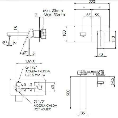 Смеситель для раковины Remer Absolute AU15 Хром латунь встраиваемый