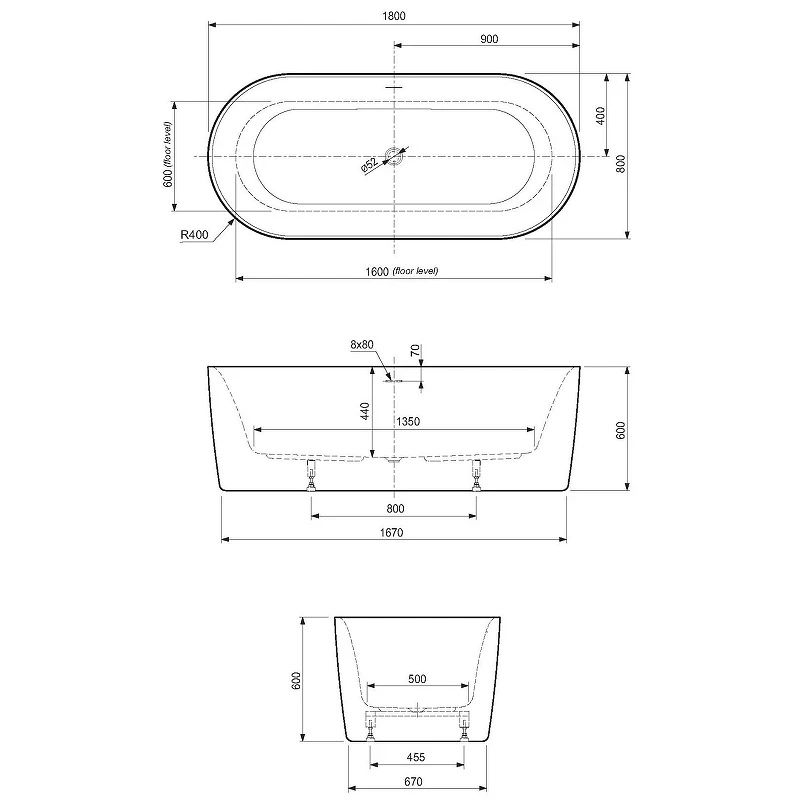 Акриловая ванна Cezares Metauro 180x80 METAURO-INT-Central-180-80-60 Белая глянцевая без гидромассажа