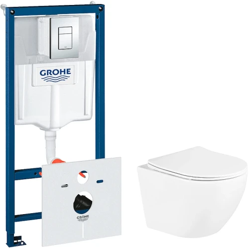 Комплект унитаза BelBagno Uno BB3105CHR/SC с инсталляцией Grohe Rapid SL 38775001 с сиденьем Микролифт и клавишей смыва Хром фаянс подвесной