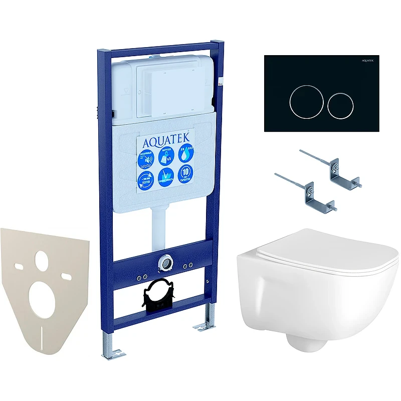 Комплект унитаза с инсталляцией Aquatek Set Aquatek Дива-020 4в1 с сиденьем Микролифт и Черной матовой клавишей смыва фарфор подвесной
