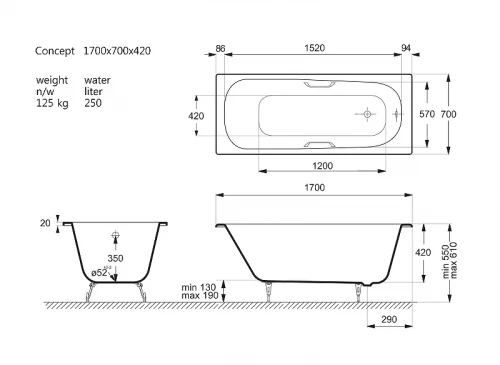 Чугунная ванна Vinsent Veron Concept 170x70 VCO1707042H/VH0012BR цвет Белый с квадратными бронзовыми ручками
