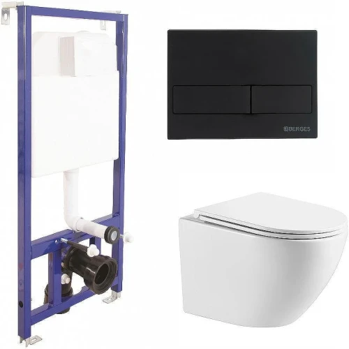 Унитаз с инсталляцией WellWant Aura WWU01121WK + Berges Novum L5 040215 с сиденьем Микролифт и Черной матовой клавишей смыва