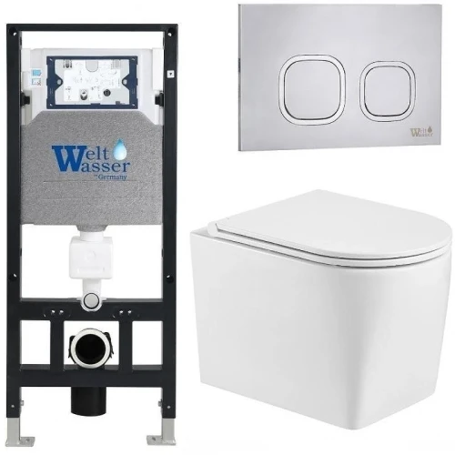 Комплект унитаза с инсталляцией WeltWasser AMBERG 506 + NESENBACH 004 GL-WT + AMBERG RD-MT CR 10000008934 цвет Белый глянцевый с сиденьем Микролифт и клавишей смыва цвет Хром матовый