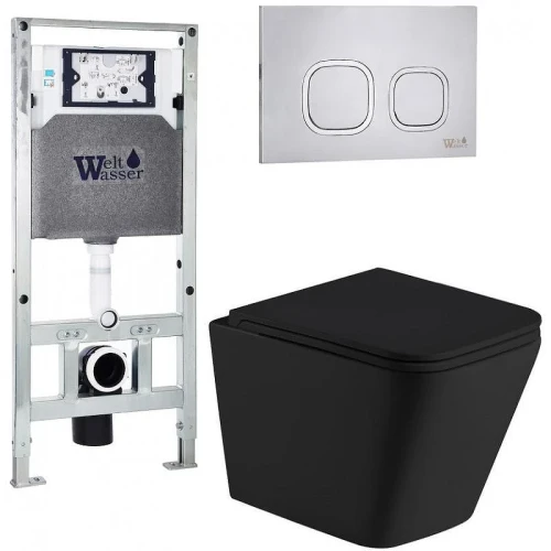 Комплект унитаза с инсталляцией WeltWasser AMBERG 506 ST + GELBACH 043 MT-BL + AMBERG RD-MT CR 10000011992 цвет Черный матовый с сиденьем Микролифт и клавишей смыва цвет Хром матовый