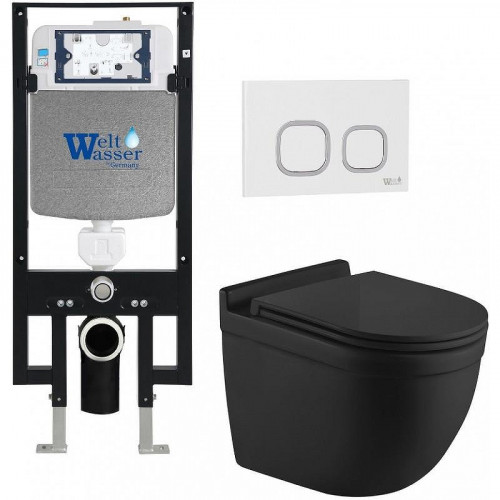 Комплект унитаза с инсталляцией WeltWasser AMBERG 497 + HEIMBACH 043 MT-BL + AMBERG RD-WT 10000012229 цвет Черный матовый с сиденьем Микролифт и клавишей смыва цвет Белый
