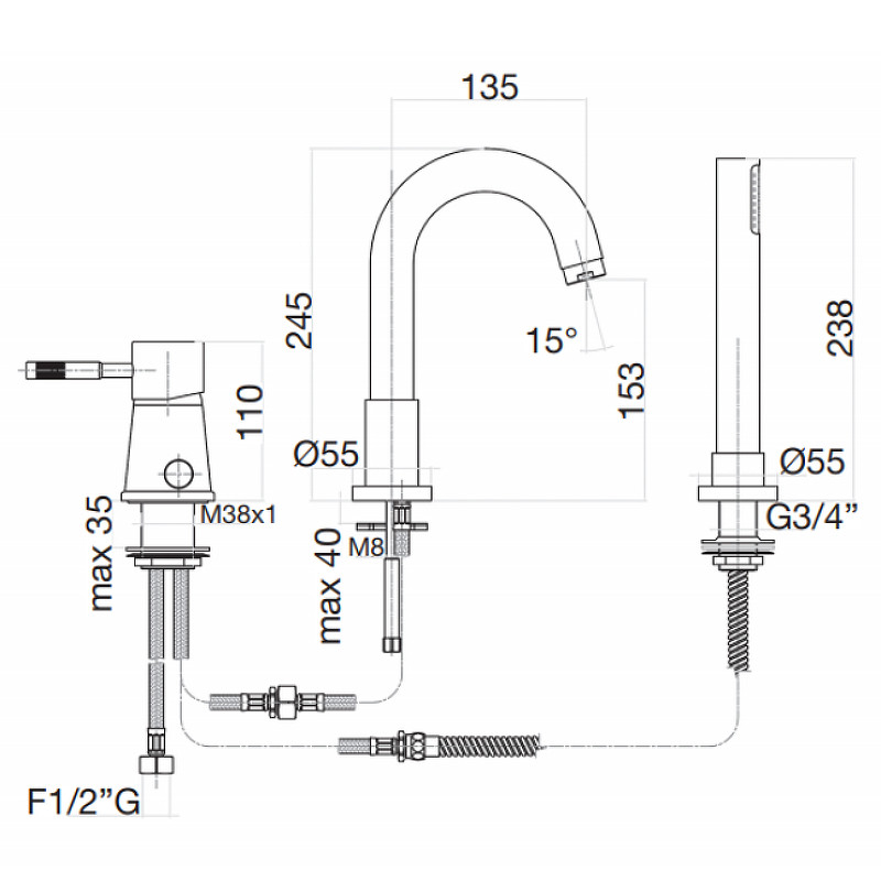 Смеситель на борт ванны Webert Rimini RI850701560 Черный матовый латунь