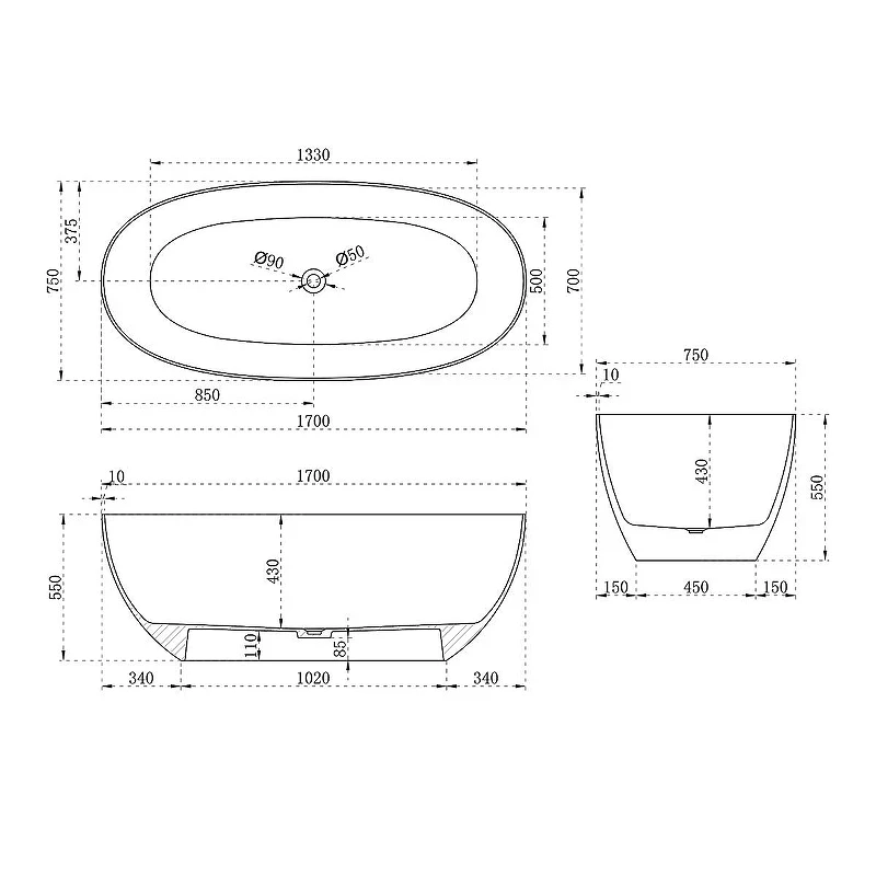 Ванна из полиэфирной смолы Vincea 170x75 VBT-6T01BR цвет Янтарь