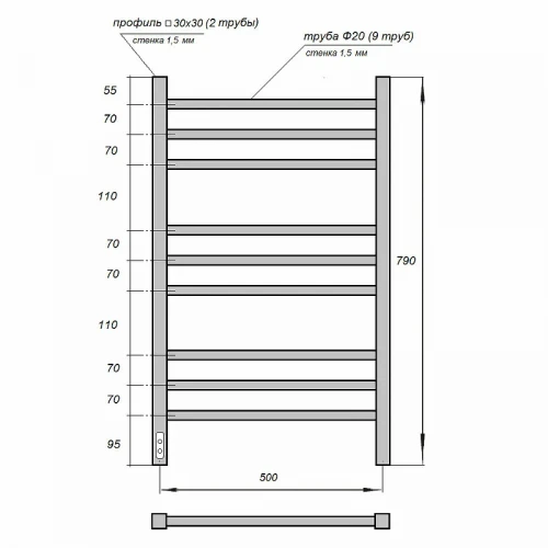 Электрический полотенцесушитель Point Веста PN70758B П9 500x790 диммер слева Черный