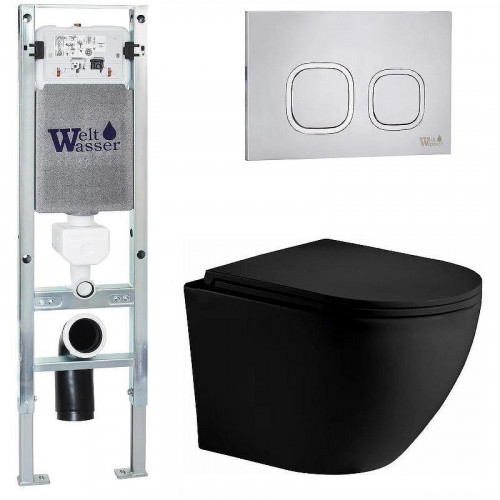Комплект унитаза с инсталляцией WeltWasser AMBERG 350 ST + MERZBACH 043 XL MT-BL + AMBERG RD-MT CR 10000014104 цвет Черный матовый с сиденьем Микролифт и клавишей смыва цвет Хром матовый