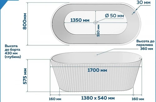 Акриловая ванна Creto Ribo 170х80 T240314 цвет Синий матовый