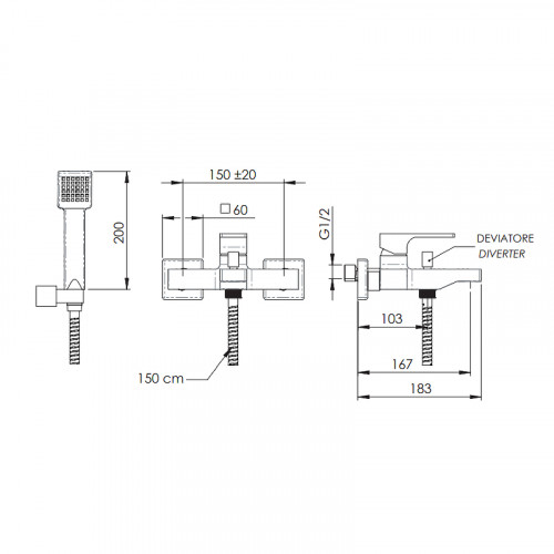 Смеситель для ванны Remer Absolute AU02NO Черный матовый латунь на стену