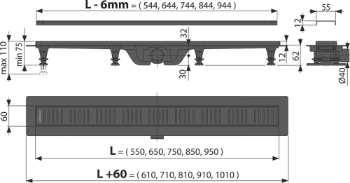 Душевой лоток Alcaplast APZ10BLACK-550M с решеткой цвет Черный матовый