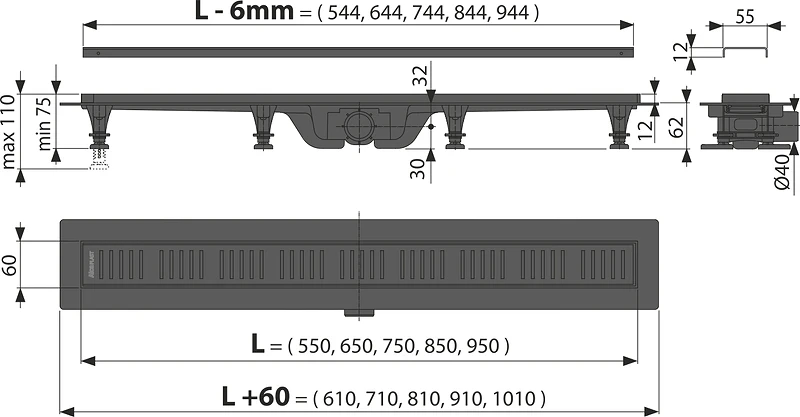 Душевой лоток Alcaplast APZ10BLACK-550M с решеткой цвет Черный матовый
