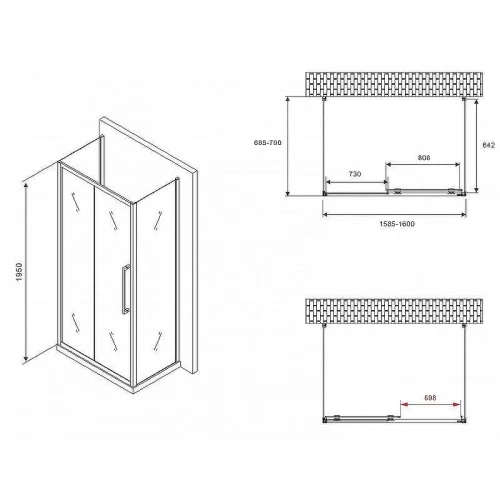 Душевой уголок Abber Schwarzer Diamant 160x70 AG30160BMH-S70BM-S70BM профиль Черный стекло матовое