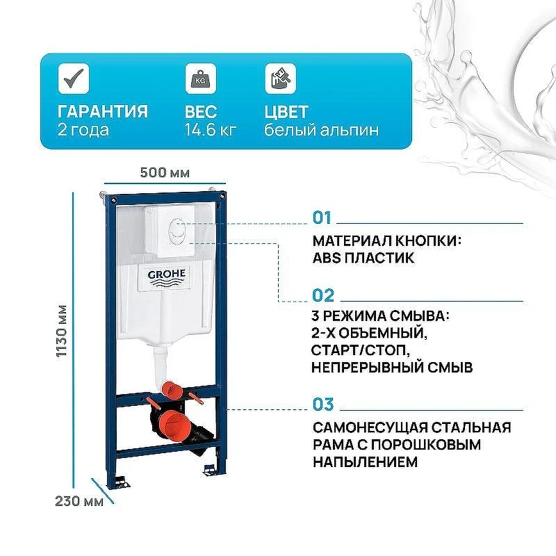 Инсталляция для унитаза Grohe Rapid SL 38722001 с Белой клавишей смыва