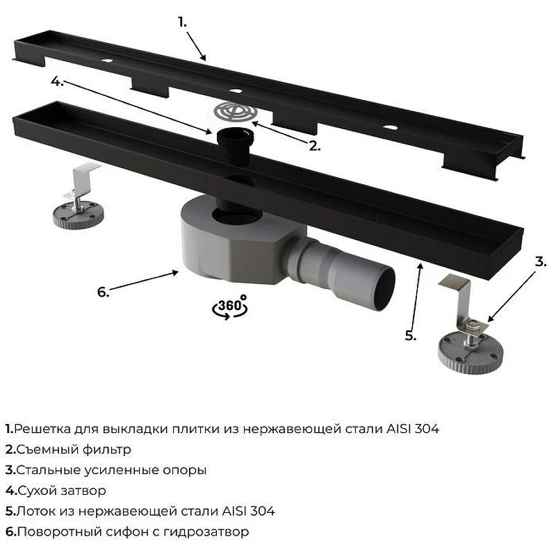 Душевой лоток RGW SDR-08B-120 21210812-014 с Черной матовой решеткой / под плитку