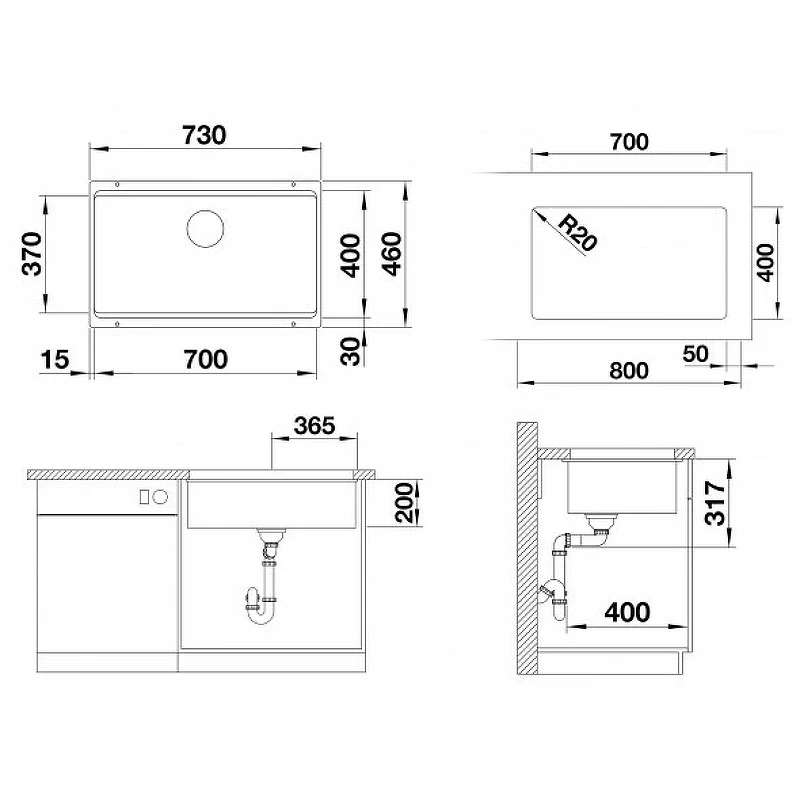 Кухонная мойка Blanco Etagon 700-U Silgranit 525169 Алюметаллик искусственный камень (литьевой мрамор) встраиваемый
