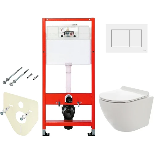 Комплект унитаза AQUAme AQM2002 с инсталляцией Tece Base 9400413 с сиденьем Микролифт и Белой клавишей смыва фаянс подвесной