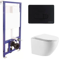 Унитаз с инсталляцией WellWant Aura WWU01121WK + Berges Novum D5 040235 с сиденьем Микролифт и Черной матовой клавишей смыва