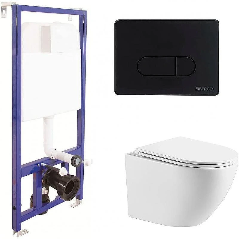 Унитаз с инсталляцией WellWant Aura WWU01121WK + Berges Novum D5 040235 с сиденьем Микролифт и Черной матовой клавишей смыва