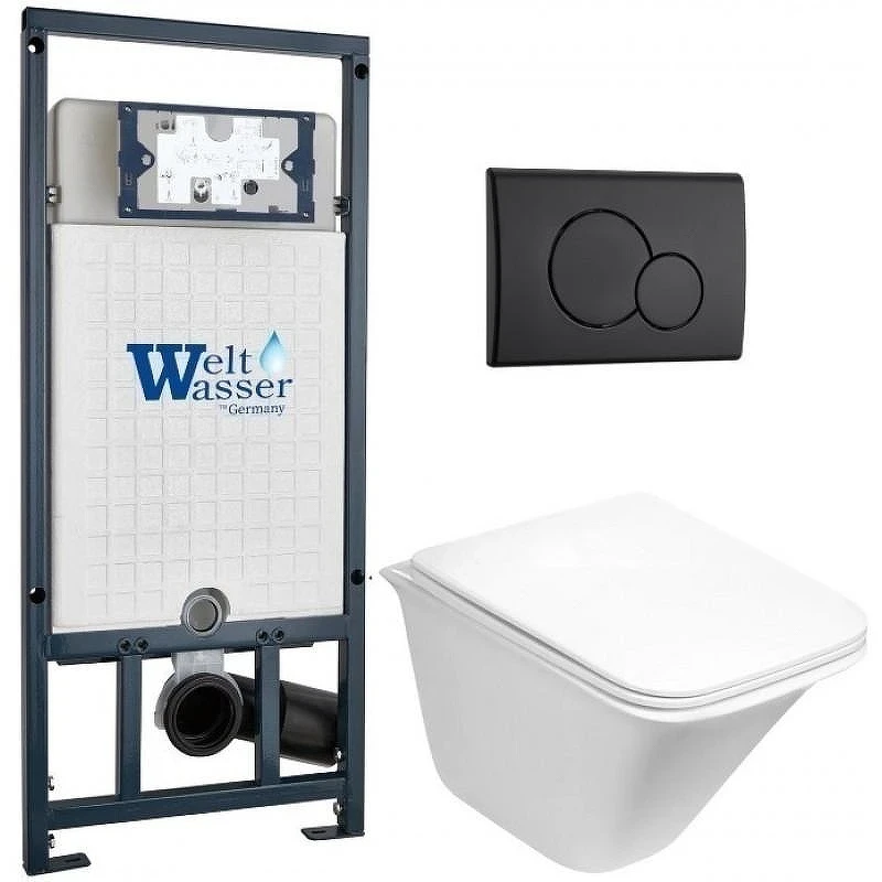 Комплект унитаза с инсталляцией WeltWasser MARBERG 507 + ROTBACH 004 GL-WT + MAR 507 RD MT-BL 10000010979 цвет Белый глянцевый с сиденьем Микролифт и клавишей смыва цвет Черный матовый