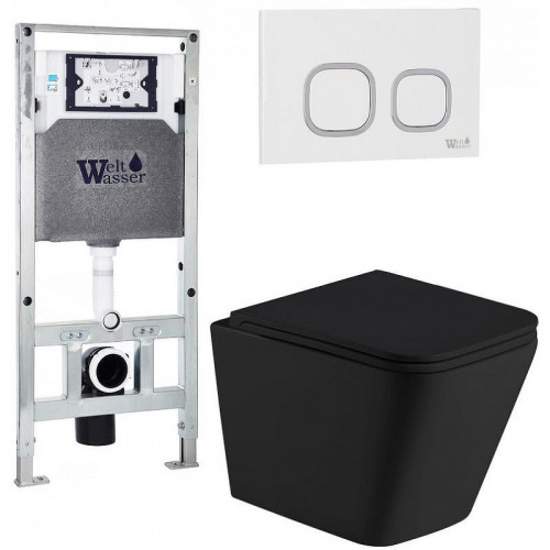 Комплект унитаза с инсталляцией WeltWasser AMBERG 506 ST + GELBACH 043 MT-BL + AMBERG RD-WT 10000011993 цвет Черный матовый с сиденьем Микролифт и клавишей смыва цвет Белый