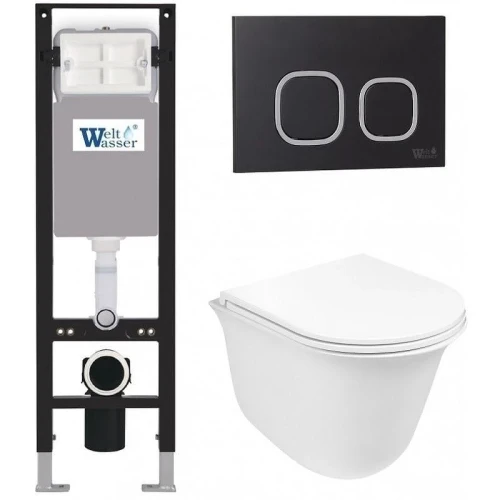 Комплект унитаза с инсталляцией WeltWasser AMBERG 350 + TELBACH 004 GL-WT + AMBERG RD-BL 10000012434 цвет Белый глянцевый с сиденьем Микролифт и клавишей смыва цвет Черный