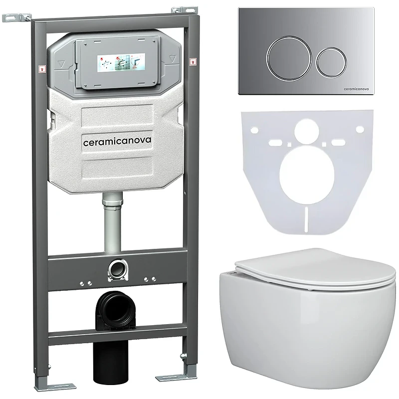 Комплект унитаза с инсталляцией Ceramicanova Play CN3001_1001M_1000 с сиденьем Микролифт и клавишей смыва Хром матовый фарфор подвесной