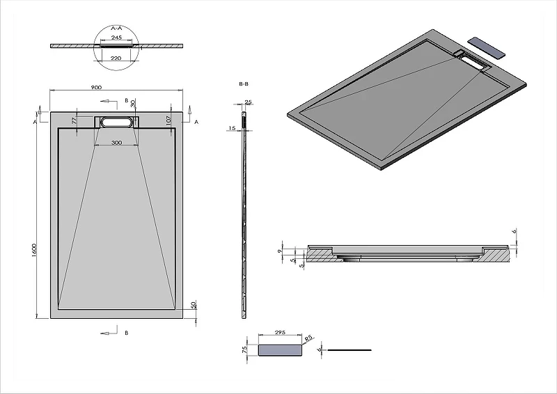 Душевой поддон из искусственного камня Vincea 160x90 VST-4SRL9016G цвет Серый