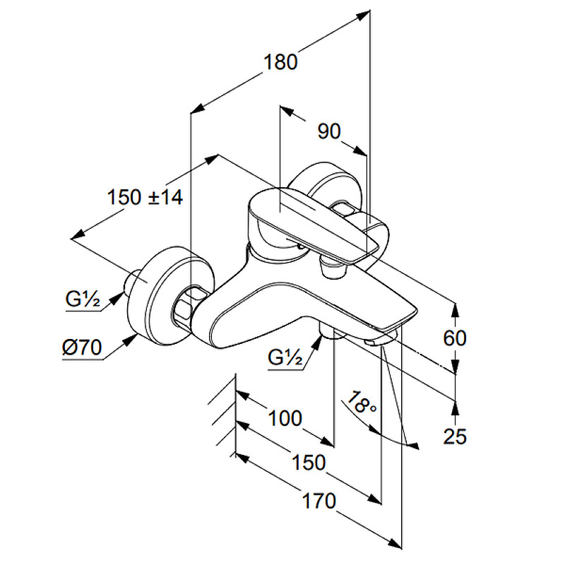 Смеситель для ванны Kludi Pure Solid 346810575 Хром латунь на стену