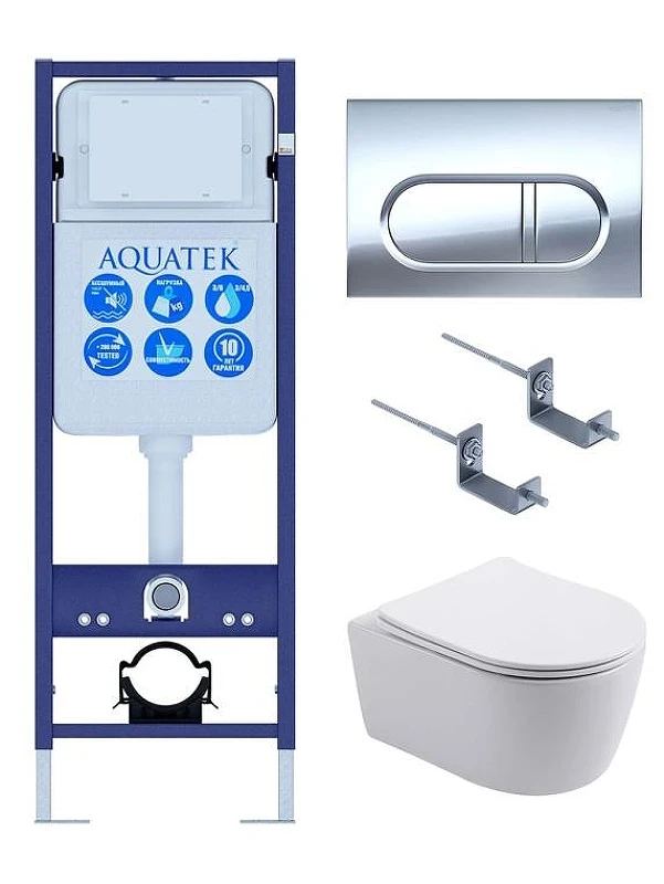 Комплект унитаза с инсталляцией Aquatek Set Европа New-INS17-043 4в1 цвет Белый с сиденьем Микролифт и клавишей смыва цвет Хром глянцевый