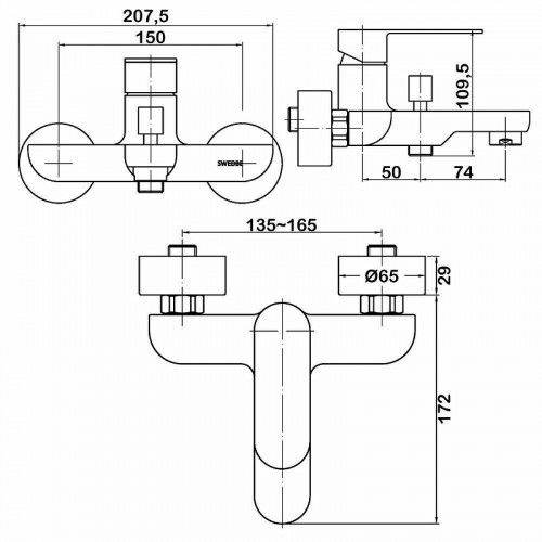 Смеситель для ванны Swedbe Vulcan 1130 Хром латунь на стену