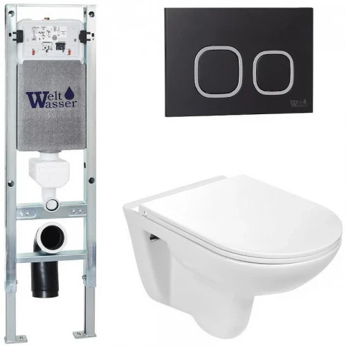 Комплект унитаза с инсталляцией WeltWasser AMBERG 350 ST + BAARBACH 004 GL-WT + AMBERG RD-BL 10000006500 цвет Белый глянцевый с сиденьем Микролифт и клавишей смыва цвет Черный