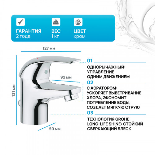 Смеситель для раковины Grohe Euroeco 23262000 Хром латунь