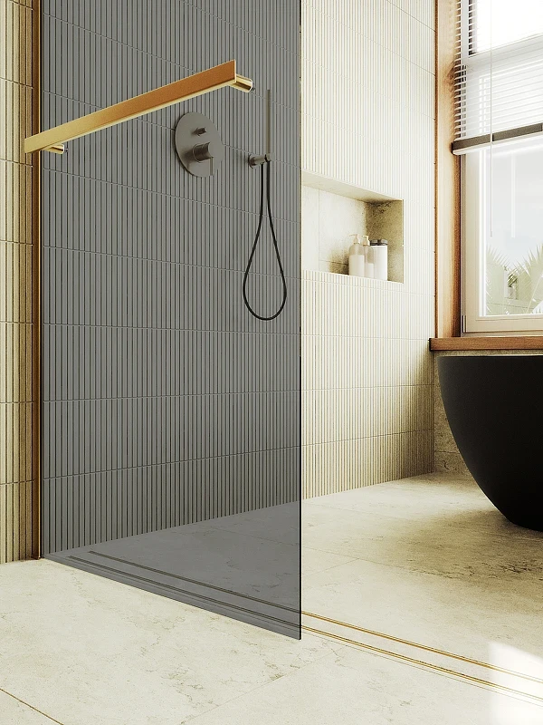 Душевая перегородка Maybah Glass MGD-729-3ш 790x1950 в широком профиле Золото стекло графитовое