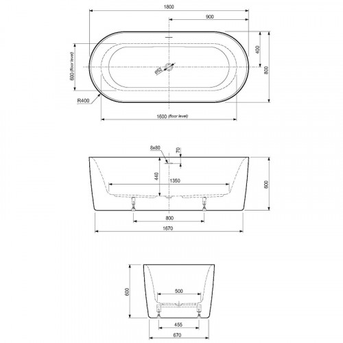 Акриловая ванна Cezares Metauro 180x80 METAURO-INT-Central-180-80-60-G-W-MATT Серая матовая Белая матовая без гидромассажа