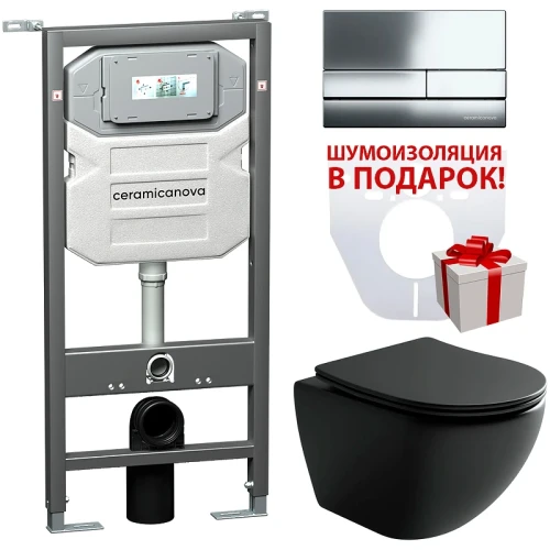 Комплект унитаза с инсталляцией Ceramicanova Metropol CN4002MB_1002CH_1000 с сиденьем Микролифт и клавишей смыва Хром фарфор подвесной