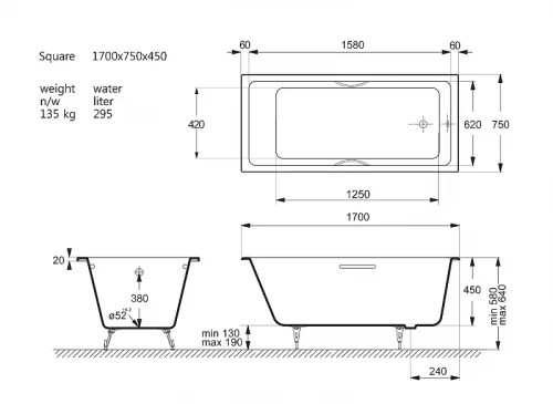 Чугунная ванна Vinsent Veron Square 170x75 VSQ1707545H/E60327CH цвет Белый с хромированнами ручками