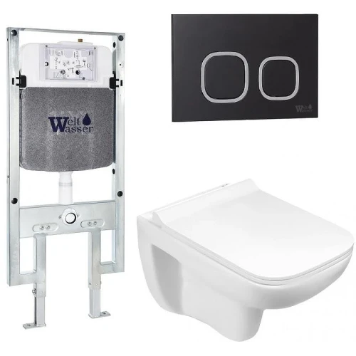 Комплект унитаза с инсталляцией WeltWasser AMBERG 497 ST + KEHLBACH 004 GL-WT + AMBERG RD-BL 10000006715 цвет Белый глянцевый с сиденьем Микролифт и клавишей смыва цвет Черный