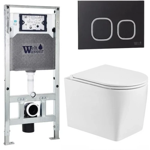 Комплект унитаза с инсталляцией WeltWasser AMBERG 506 ST + NESENBACH 004 GL-WT + AMBERG RD-BL 10000008936 цвет Белый глянцевый с сиденьем Микролифт и клавишей смыва цвет Черный