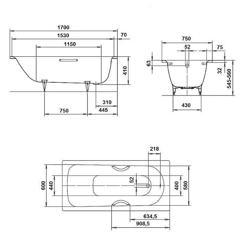 Стальная ванна Kaldewei Saniform Plus 373-1 170x75 112600010001 без покрытия, с ножками 581470000000