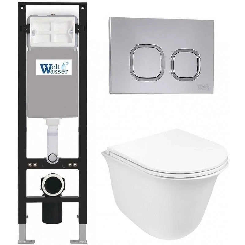 Комплект унитаза с инсталляцией WeltWasser AMBERG 350 + TELBACH 004 GL-WT + AMBERG RD-CR 10000012435 цвет Белый глянцевый с сиденьем Микролифт и клавишей смыва цвет Хром