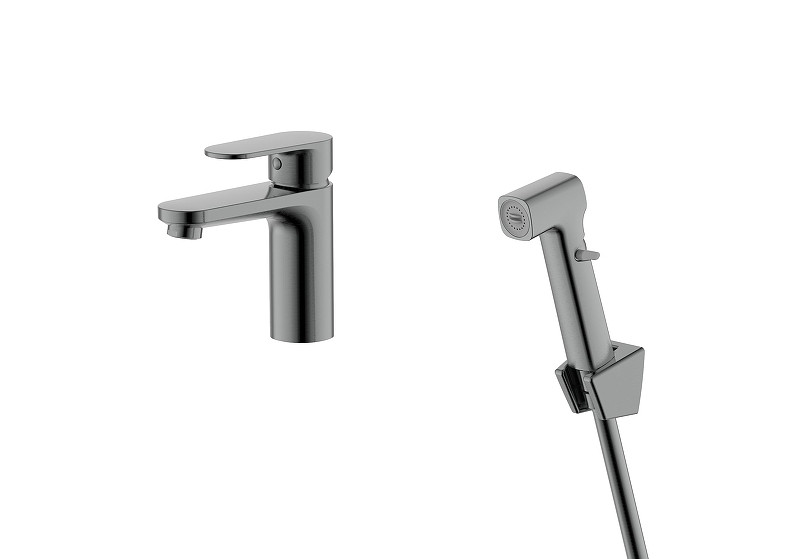 Смеситель для раковины Aquatek Ника AQ1812BGM с гигиеническим душем цвет Оружейная сталь