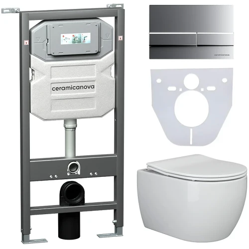 Комплект унитаза с инсталляцией Ceramicanova Play CN3001_1002M_1000 с сиденьем Микролифт и клавишей смыва Хром матовый фарфор подвесной