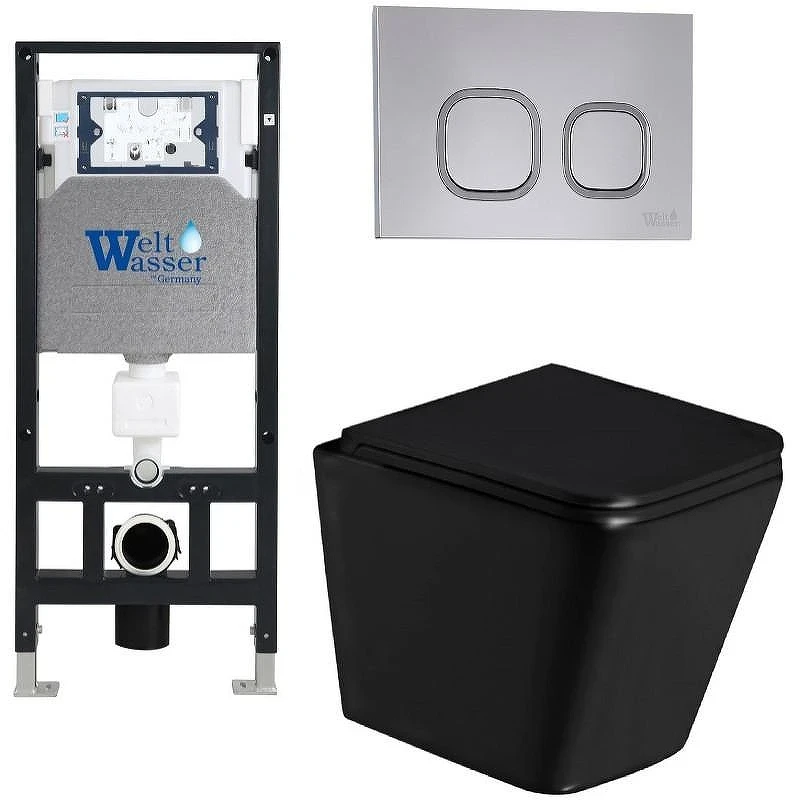 Комплект унитаза с инсталляцией WeltWasser AMBERG 506 + GELBACH 043 GL-BL + AMBERG RD-CR 10000011942 цвет Черный глянцевый с сиденьем Микролифт и клавишей смыва цвет Хром