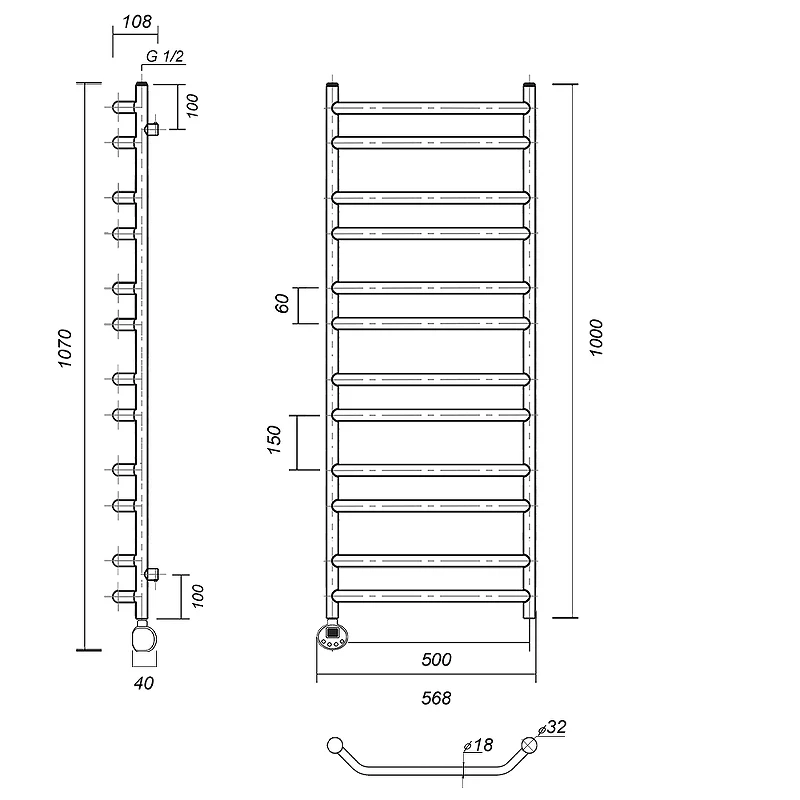 Электрический полотенцесушитель Domoterm Лаура П12 500x1000 EL Хром нержавеющая сталь