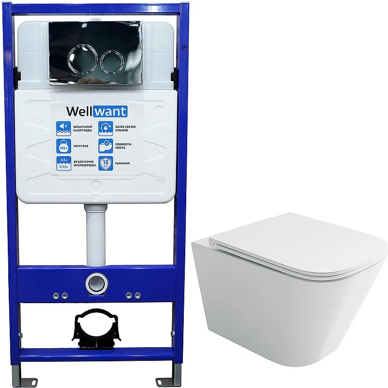 Комплект унитаза Ceramicanova Union CN4009T с инсталляцией WellWant Standart 50 WWISI1110B с сиденьем Микролифт и клавишей смыва Хром глянцевый фарфор подвесной