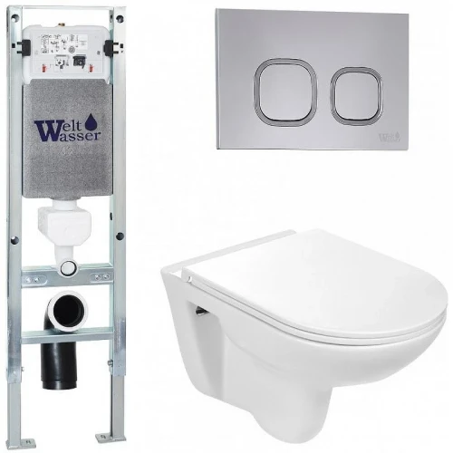 Комплект унитаза с инсталляцией WeltWasser AMBERG 350 ST + BAARBACH 004 GL-WT + AMBERG RD-CR 10000006501 цвет Белый глянцевый с сиденьем Микролифт и клавишей смыва цвет Хром